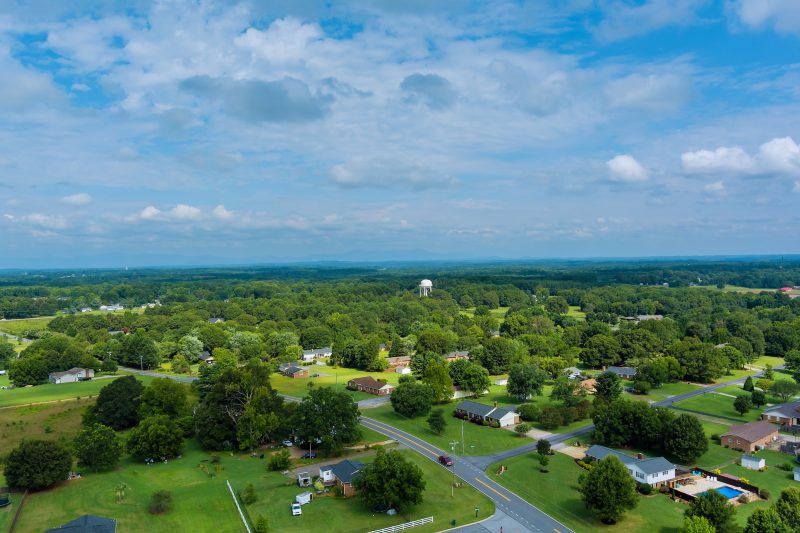 Aerial view of a Inman small town city near of forest in South Carolina US